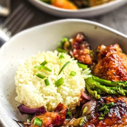 Chicken with hoisin and plum sauce in bowls with rice
