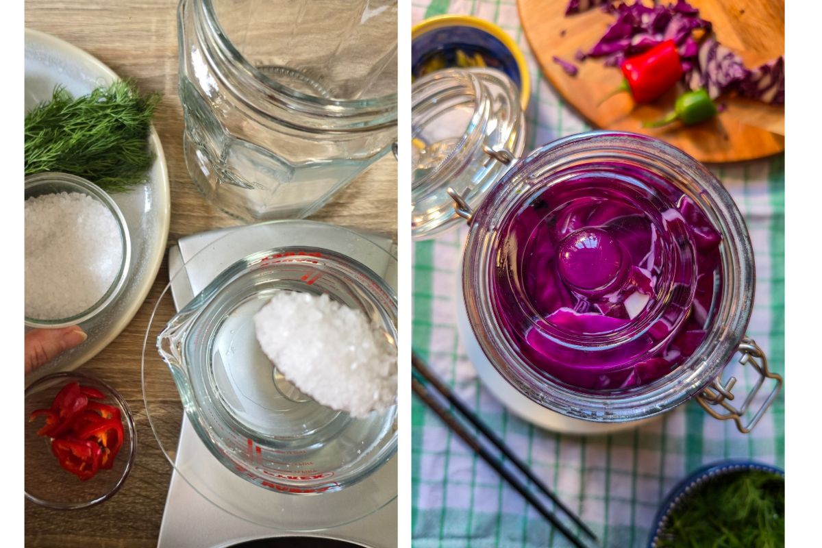 Coarse salt being weighed into a jug of water to make the brine, and an overhead view of red cabbage held under purple brine with a glass fermentation weight.