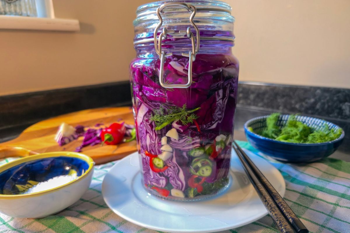 Jar packed with red cabbage, dill, garlic and sliced chilies, covered in salt brine before fermenting.