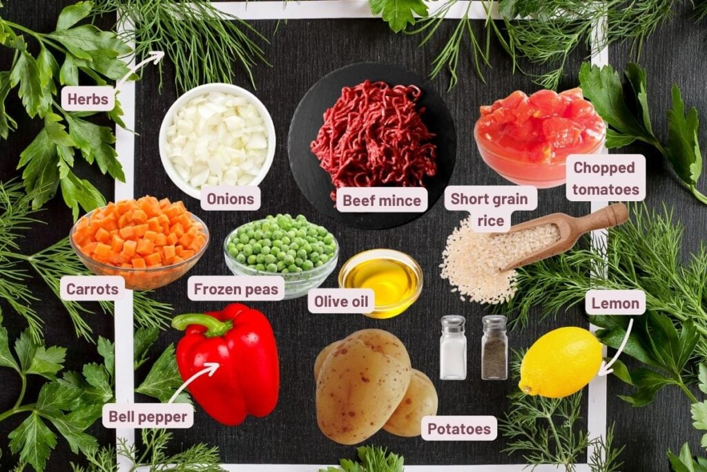 Ingredients for Romanian meatball soup photo of vegetables mince oil lemon and herbs