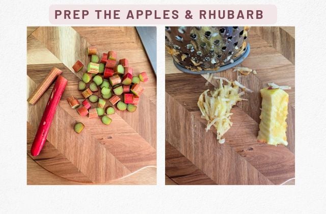 Diced rhubarb on a chopping board and grated apples and apple core