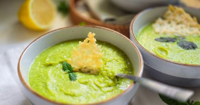 Courgette Pea Soup with Crispy Parmesan