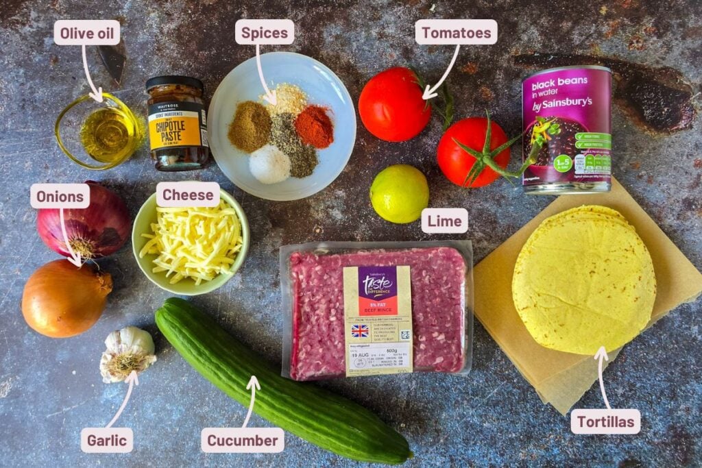 Ingredients for smashed burger tacos with fresh tomato and cucumber lime salsa