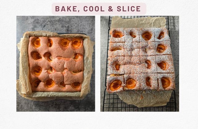 Two images of baked apricot cake in the tin then the cake sliced on a cooling rack and powdered with icing sugar.