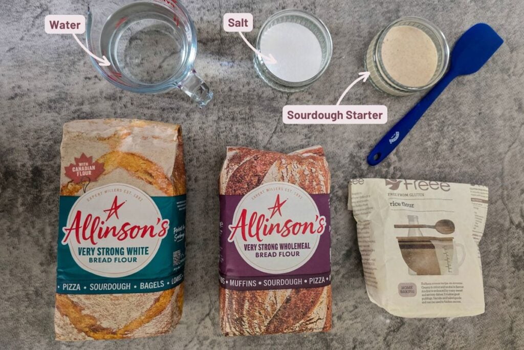 Water, salt, active starter, white and wholemeal bread flour, and rice flour laid out for brown sourdough.