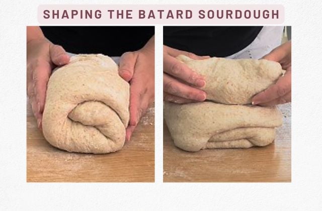 Shaping a batard: envelope fold to build structure (left); rolling to create surface tension (right).