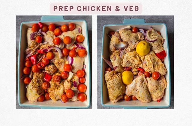 Uncooked tray of chicken thighs tossed with onions, red peppers, cherry tomatoes and peri-peri, then arranged with lemon halves and a whole garlic bulb.
