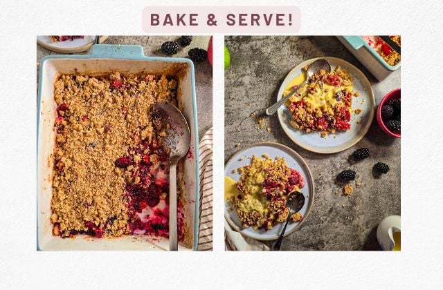 Baking dish of apple and blackberry crumble with a scooped corner; portions served on plates, showing golden oat topping and berry juices.