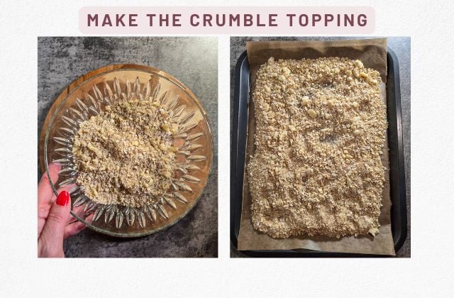 Bowl of rubbed flour, butter, oats, sugar and salt; crumble mixture spread on a lined tray ready to bake until crisp.