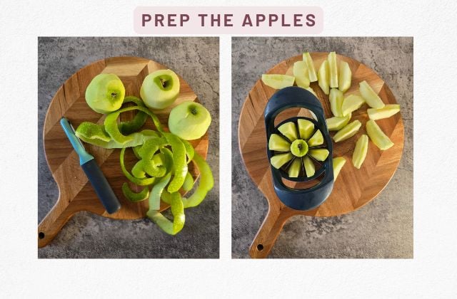 Peel, core and slice green apples on a wooden board; apple corer cutting the apples into wedges for apple and blackberry crumble.