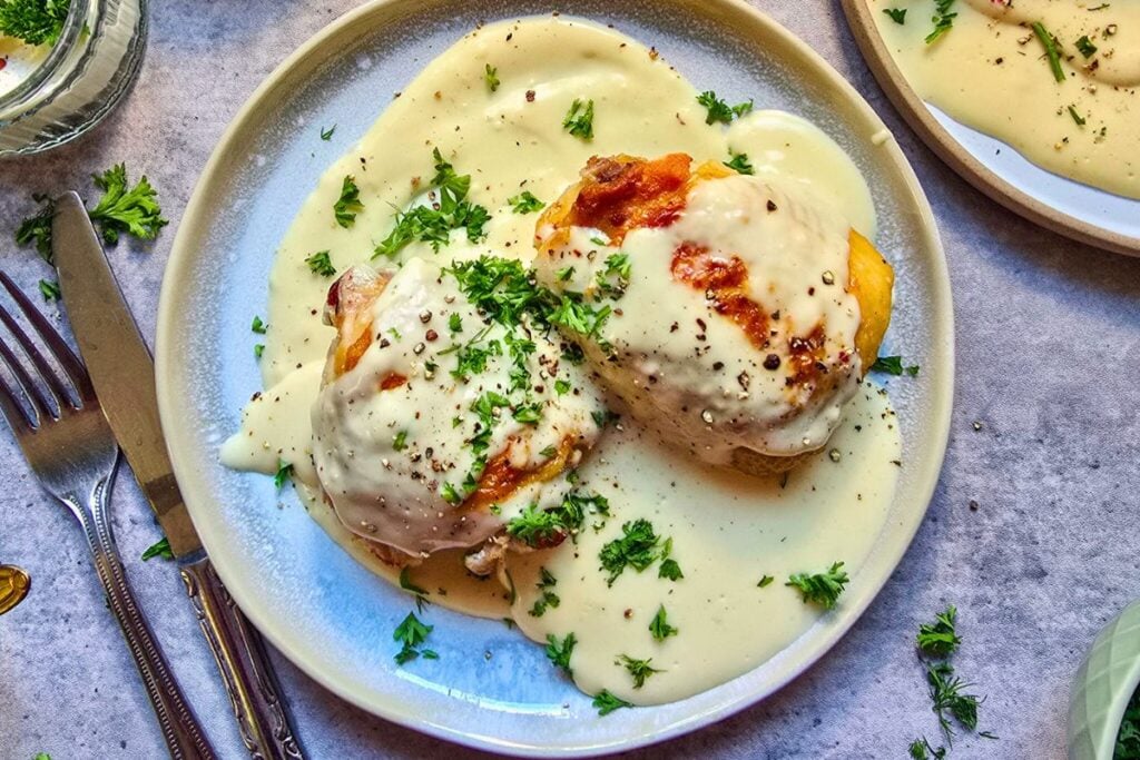 Ciulama recipe: chicken in silky white sauce, served with parsley and dill