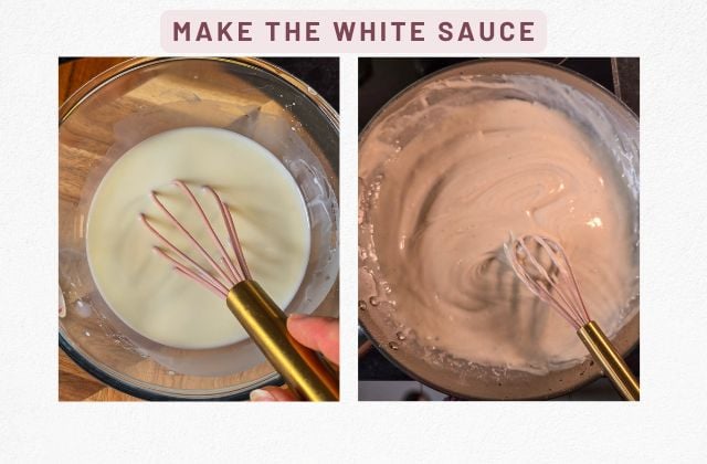 Whisk milk and flour to a smooth slurry; cook in the pan until the white sauce thickens and gently bubbles.