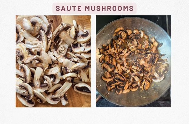 Sliced mushrooms on a board; mushrooms sautéed until liquid evaporates and edges are browned for ciulama cu ciuperci.