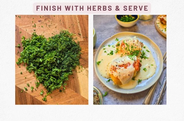 Chopped parsley and dill on a board; plated ciulama (chicken in white sauce) sprinkled with herbs and pepper, ready to serve.