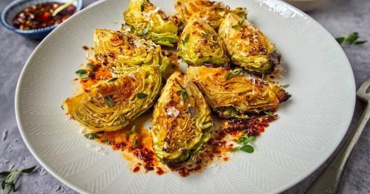 Air fryer cabbage wedges with Chili Oil, Thyme & Parmesan