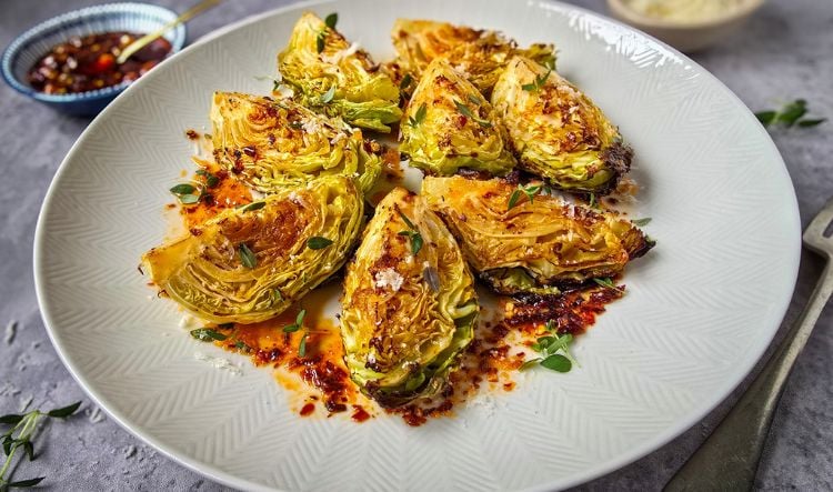 Air fryer cabbage wedges with Chili Oil, Thyme & Parmesan