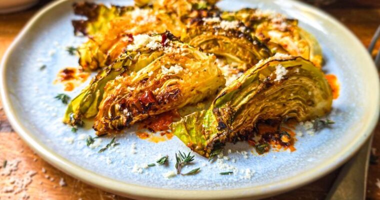 Air fryer cabbage wedges with Chili Oil, Thyme & Parmesan