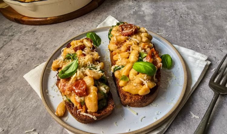 Miso Beans on Toast with Tahini, Spinach and Sundried Tomatoes