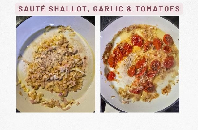 Sautéed shallot and garlic in olive oil, then sundried tomatoes added to the pan for miso beans on toast