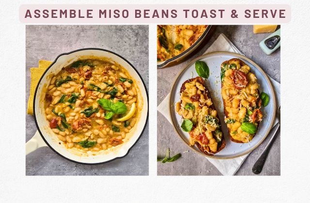 One-pan miso beans ready in the skillet, then spooned onto sourdough toast with basil and Parmesan