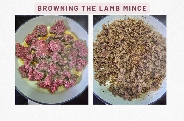Raw ground lamb in a skillet with olive oil, beginning to brown around the edges then Ground lamb browned and crumbled in a skillet, cooked until golden with a few crisp bits.
