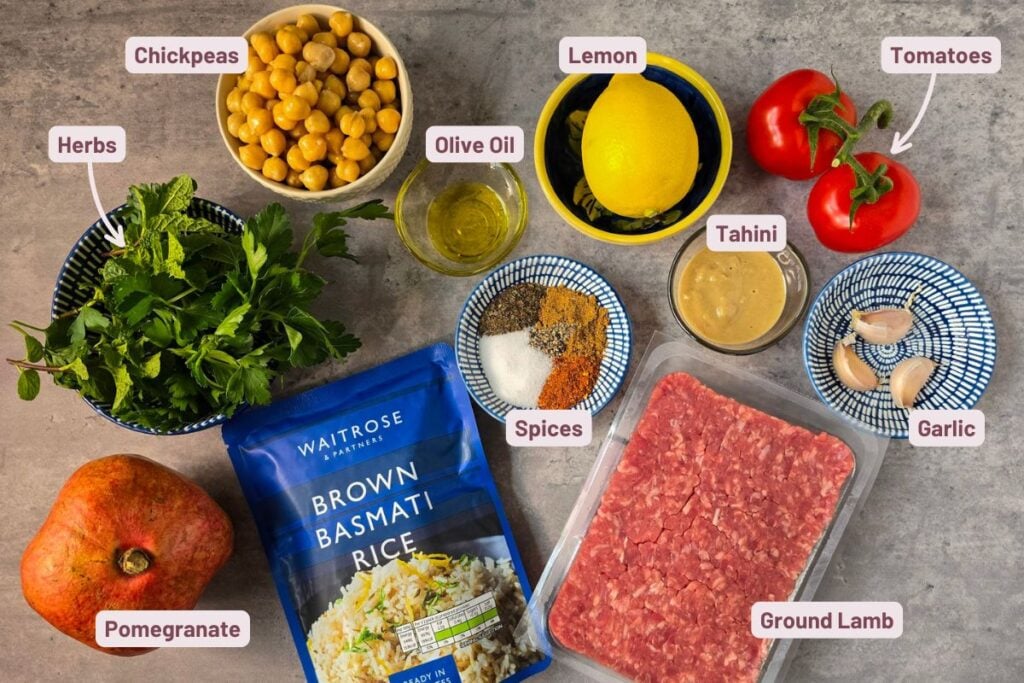 ingredients for a spiced lamb bowl, labeled with chickpeas, fresh herbs, olive oil, lemon, tomatoes, tahini, garlic, spices, ground lamb, brown basmati rice, and a pomegranate.