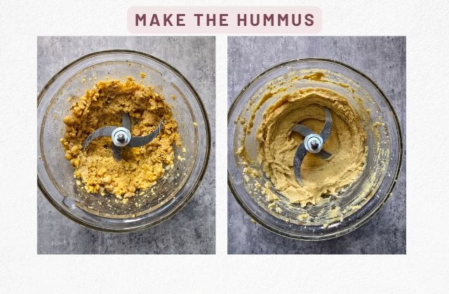 Chickpeas in a food processor, partly blended with tahini and seasonings then Smooth, creamy hummus in a food processor bowl, fully blended and ready