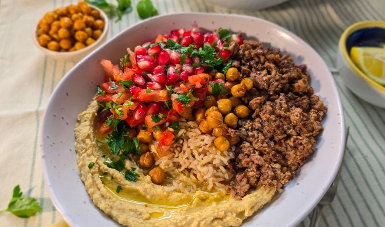 Spiced Lamb Bowl with Hummus and Crispy Chickpeas