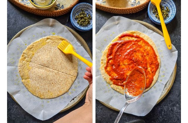 Collage showing piadina prep steps: brushing olive oil on the piadina base, then spreading marinara sauce over the top on parchment.