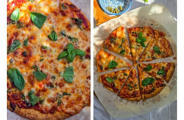 Collage of baked piadina pizza: a close-up with melted mozzarella, capers, and basil, plus an overhead shot of the pizza sliced into wedges on parchment.
