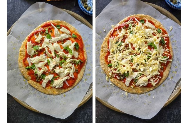 Collage of piadina pizza before baking: marinara spread on the piadina with torn mozzarella, capers, and basil, shown with and without a layer of grated mozzarella.