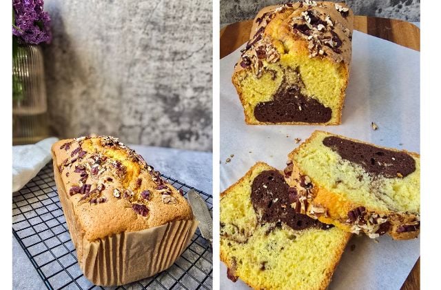 Collage showing baked Pan di Spagna loaf cake cooling and sliced to reveal the cocoa swirl inside.