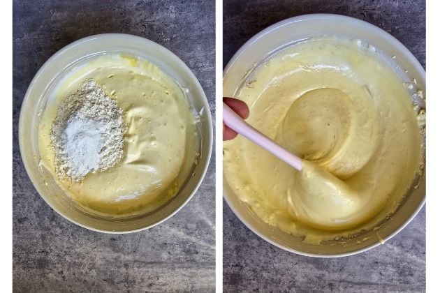 Collage showing flour being added to sponge batter and folded gently until combined.