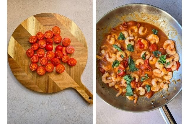 Collage of two images of Halved cherry tomatoes on a round wooden cutting board, ready to cook. and shrimp marinara cooking in a skillet with softened cherry tomatoes and fresh basil.