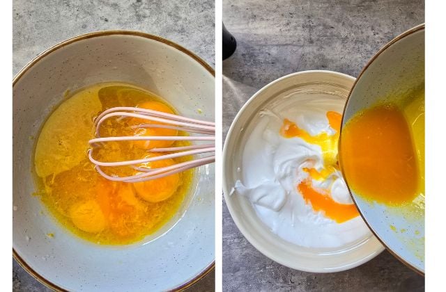 Collage showing egg yolks being whisked with lemon zest and poured into whipped egg whites.