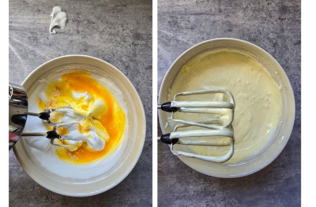 Collage showing the egg yolk mixture being folded into whipped egg whites until smooth and airy.