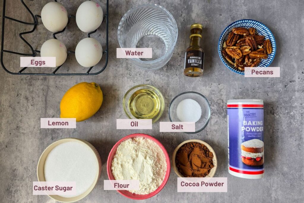 Ingredients for Pan di Spagna sponge cake arranged on a countertop, including eggs, flour, cocoa powder, pecans, lemon, sugar, oil, vanilla extract, water, salt, and baking powder.