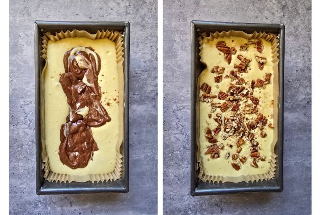 Collage showing cocoa batter swirled into loaf cake batter and topped with chopped pecans before baking.