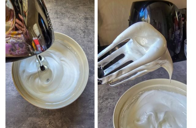 Collage showing egg whites being whisked and whipped into glossy stiff peaks for Pan di Spagna sponge cake.