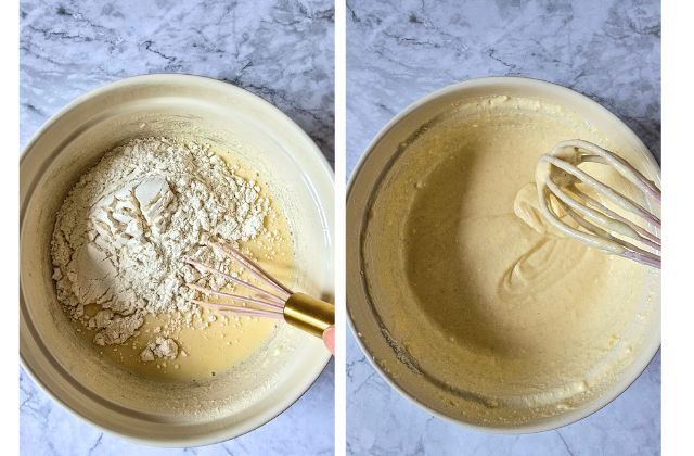 Adding flour, baking powder, and baking soda to the pancake batter, then folding until just combined