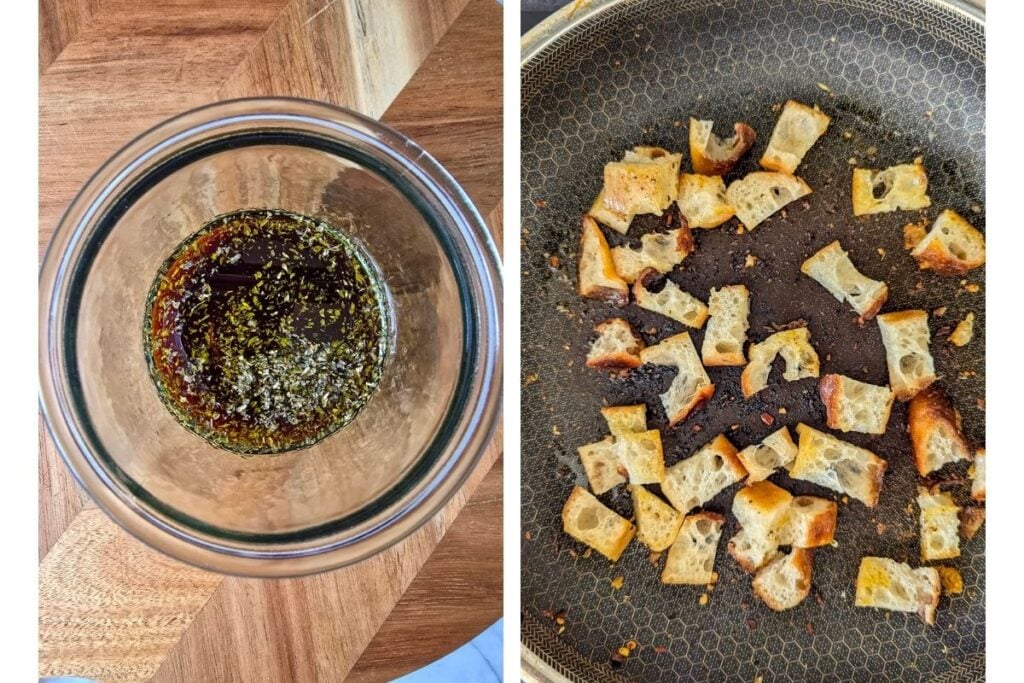Herby balsamic dressing in a glass jar and sourdough croutons toasting in a pan.