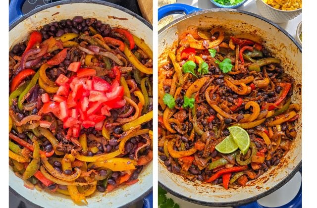 Black bean fajitas cooking in a skillet with peppers, onions, tomato, black beans, cilantro, and lime.