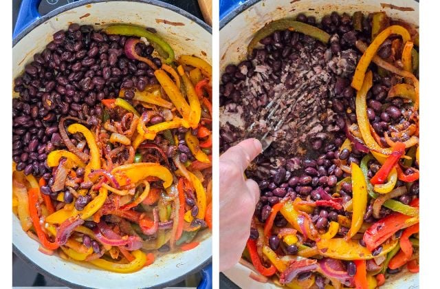 Black beans added to cooked peppers and onions for a smoky black bean fajita filling.