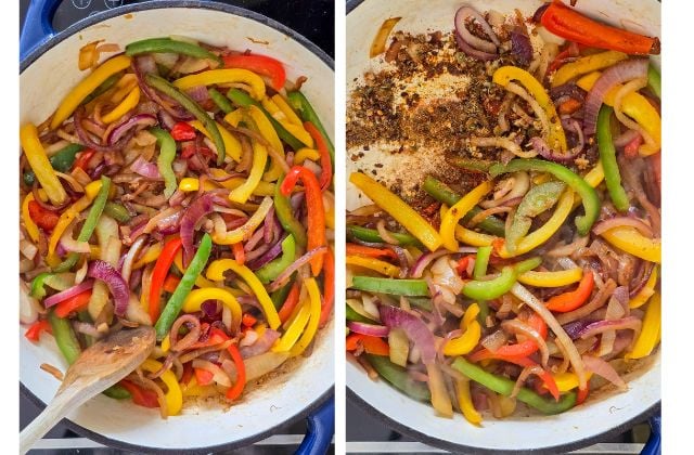 Bell peppers and onions cooking in a skillet with fajita spices for black bean fajitas.