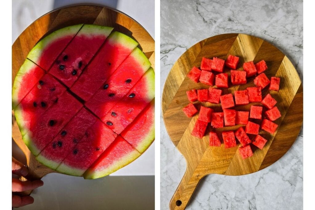 Watermelon being scored and cubed on a wooden board.
