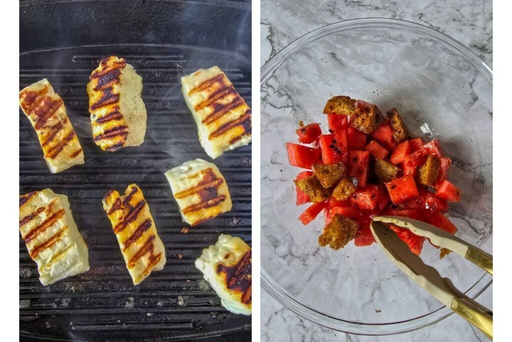 Halloumi grilling on a griddle pan and watermelon salad being assembled in a glass bowl.