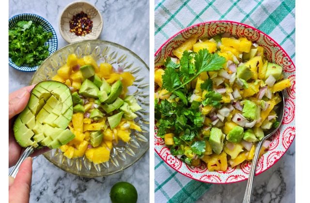 Process shot of avocado being spooned into pineapple salsa before mixing with shallot, coriander, chili flakes, lime, and olive oil.