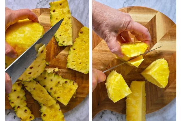 Process shot showing fresh pineapple being trimmed, cored, and cut into small pieces for avocado pineapple salsa.