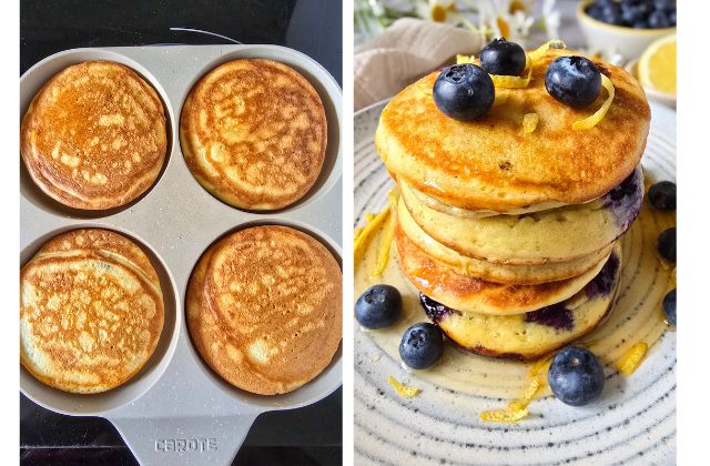 Four sourdough lemon ricotta pancakes cooking in a pancake pan, then finished stack topped with fresh blueberries and lemon zest curls