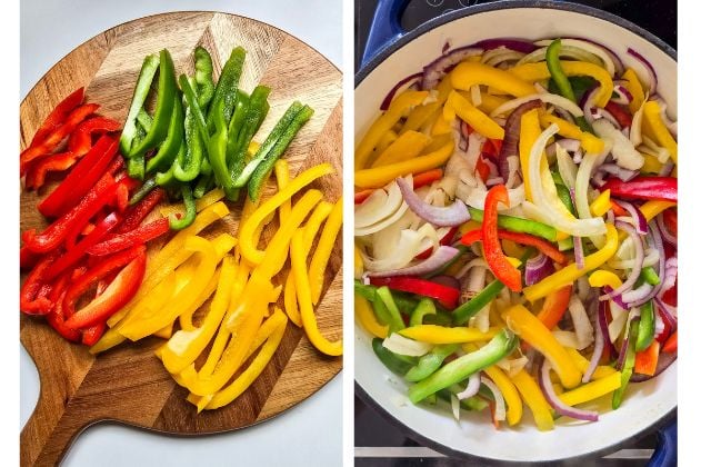 Sliced red, yellow, and green bell peppers with onions prepared for black bean fajitas.